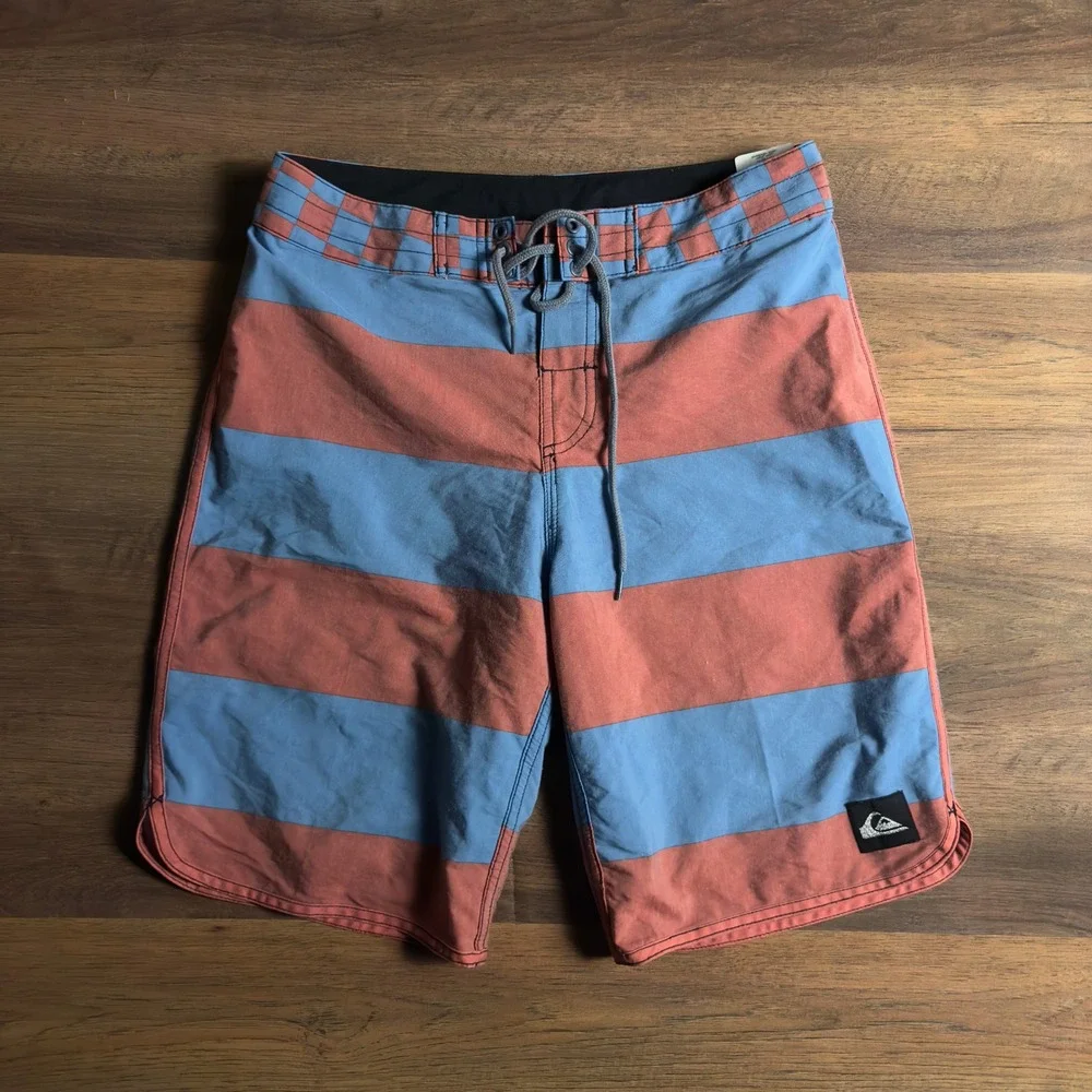 Quiksilver Mens Striped Checkered Board Shorts‎ Blue Coral Size 29 Surf Trunks